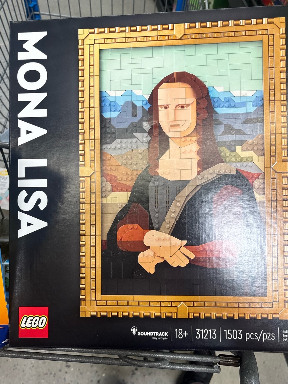 Lego Mona Lisa Wall Mosaic in Gold, Black, Brown, Blue